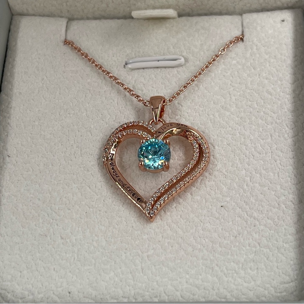 Womens 20” Sterling Silver Chain Crystal Aquamarine Stone Heart Pendant Necklace